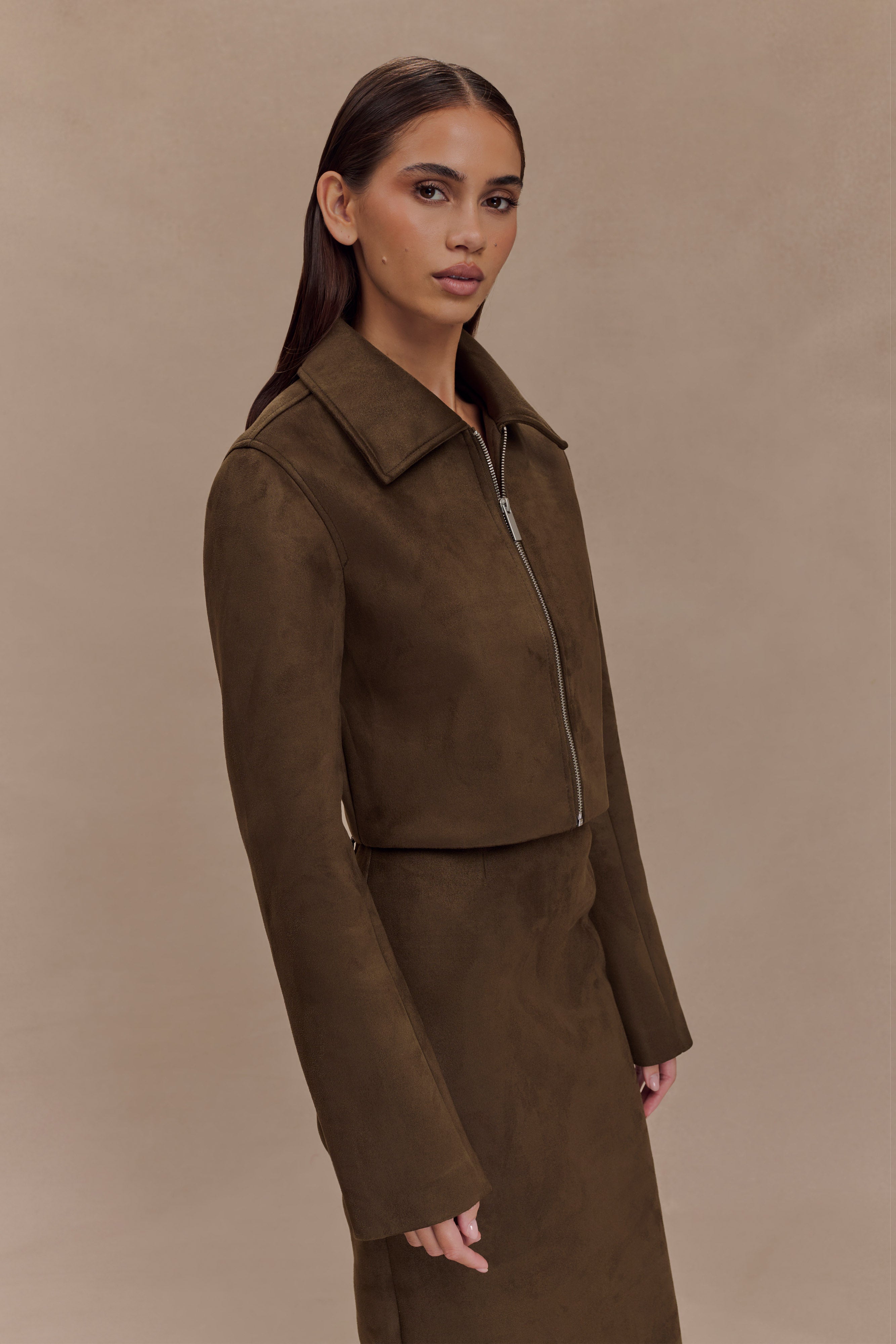 Hayes Faux Suede Collared Jacket - Chocolate