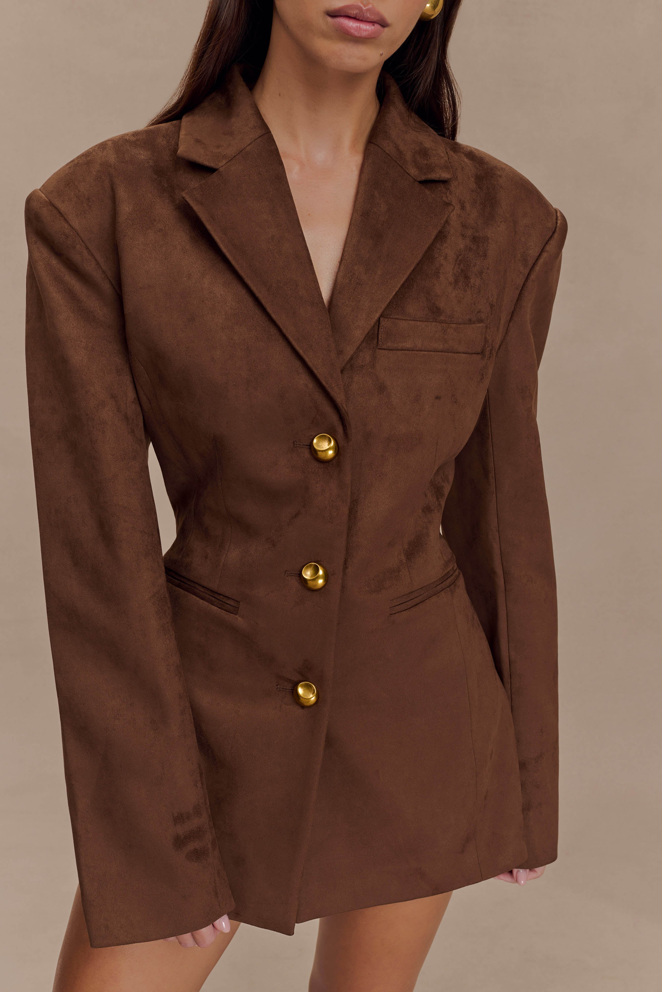 Sally Faux Suede Cinched Blazer - Milk Chocolate