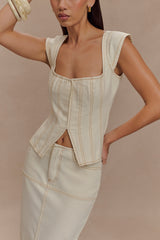 Loretta Cap Sleeve Denim Top - Ecru