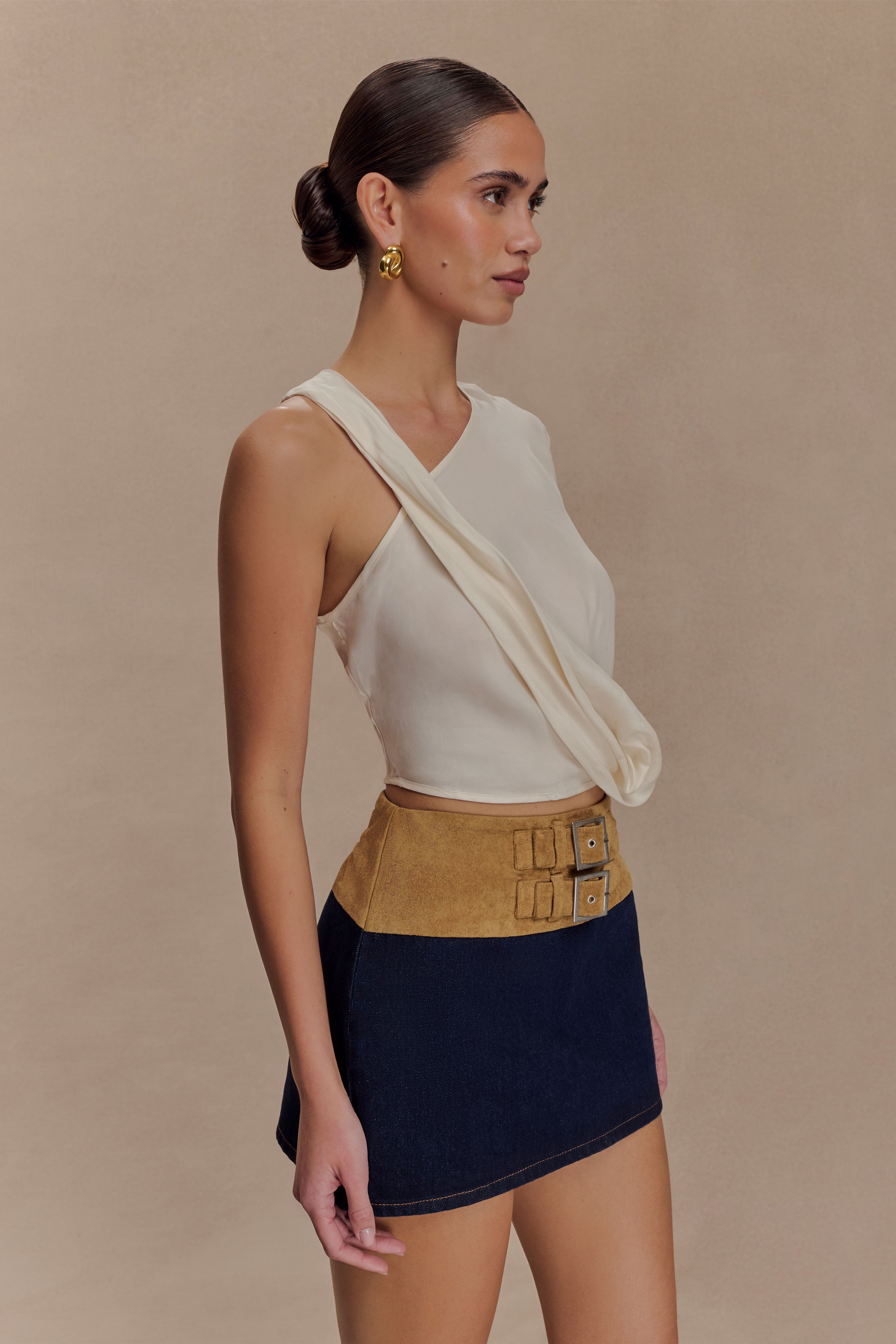 Miranda Faux Suede Belted Denim Mini Skirt - Indigo Blue