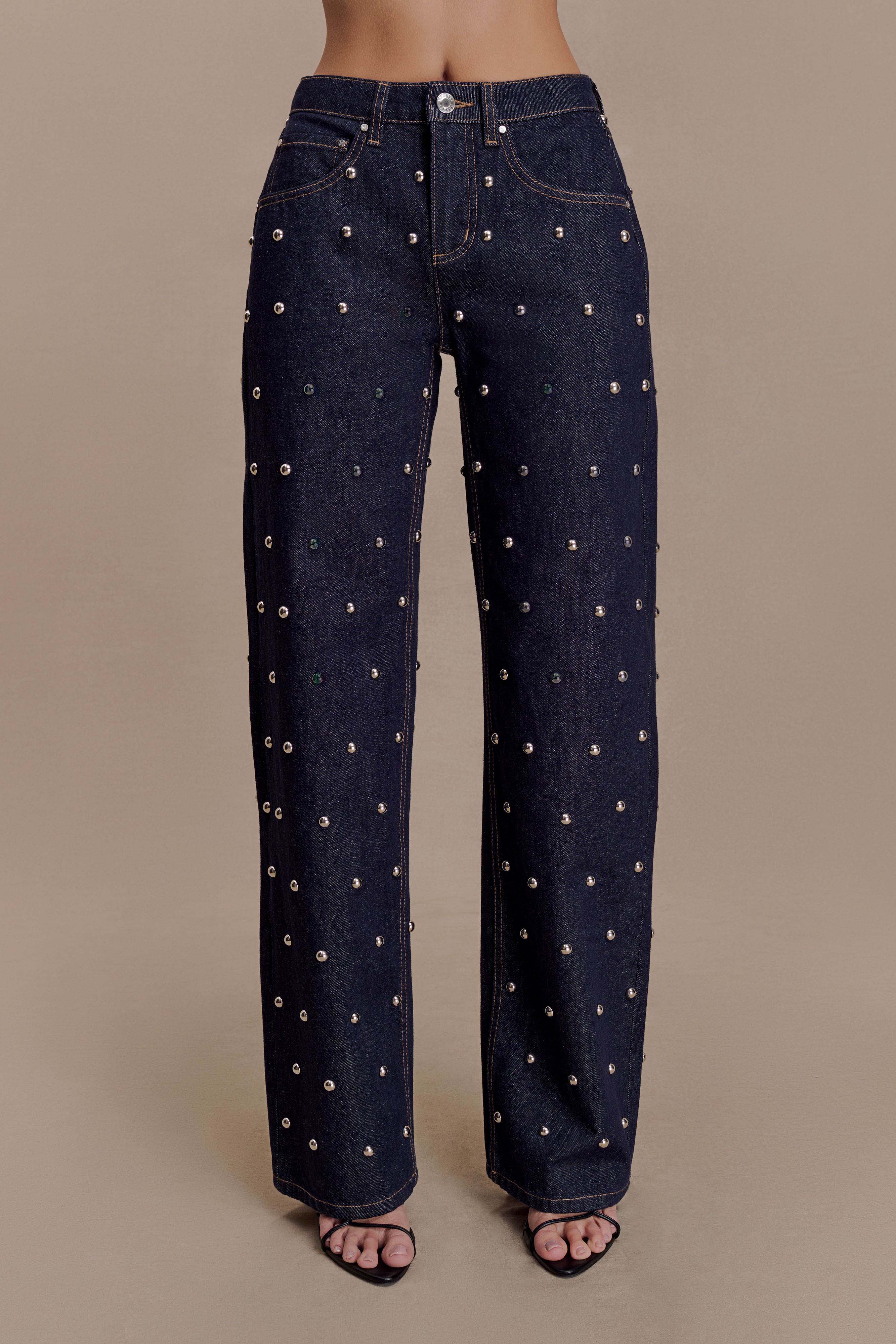 Alima Mid Rise Stud Denim Jeans - Washed Indigo Blue
